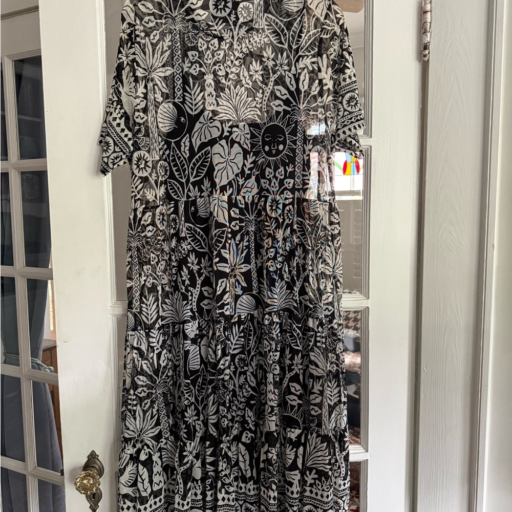 Johnny Was Black & White Floral and Celestial Print Mesh Midi Dress